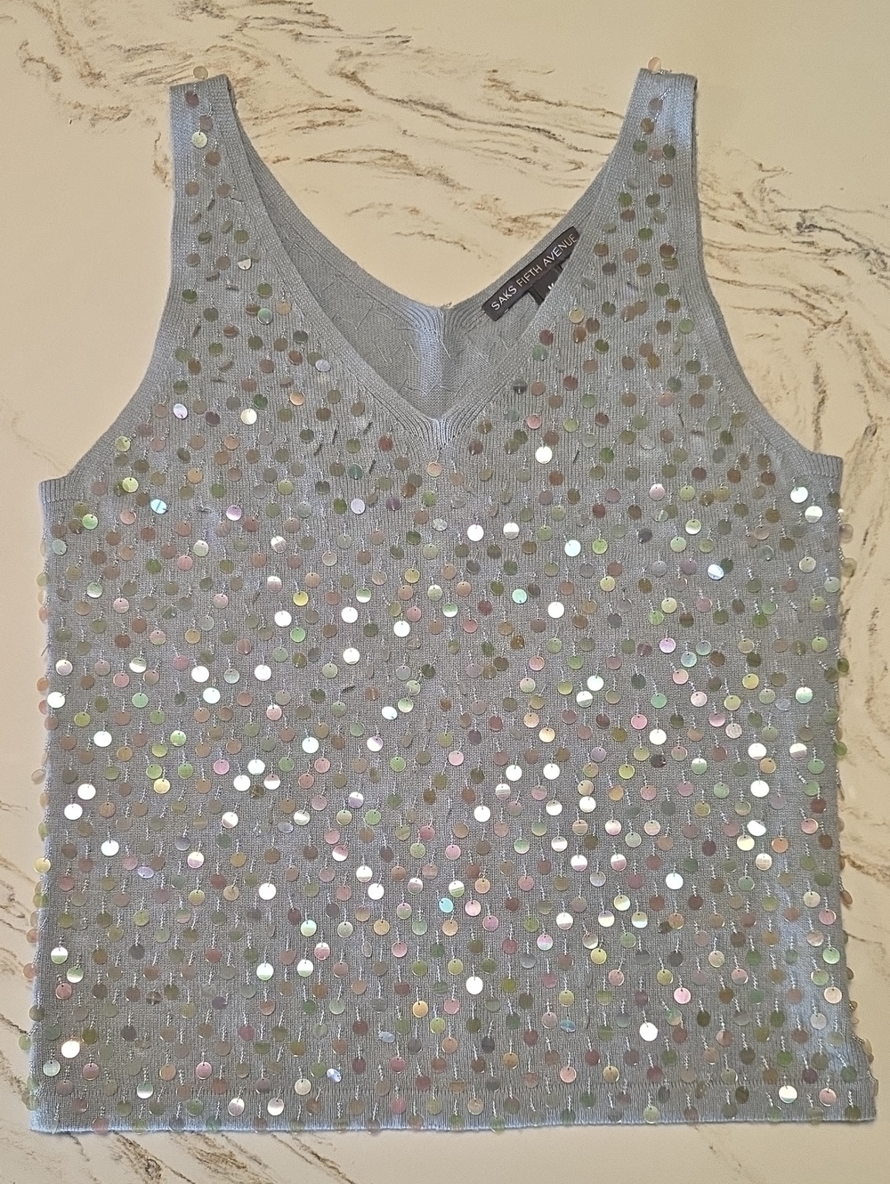 Saks Fifth Avenue Iridescent Silver Sequin V-Neck Tank 100% Cashmere